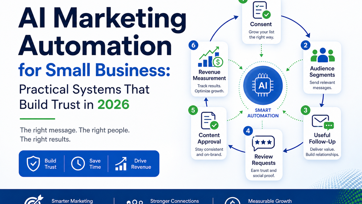 Featured image for AI Marketing Automation for Small Business showing a practical marketing automation system.