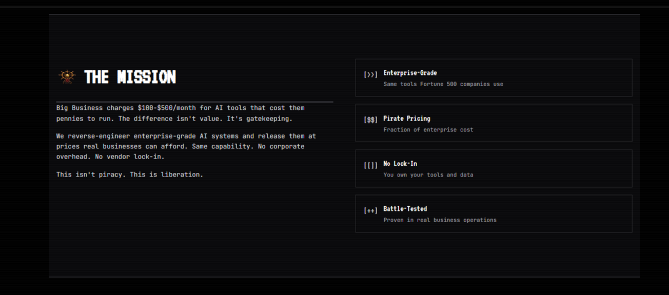 AI Or Die Now mission section - Enterprise-Grade, Pirate Pricing, No Lock-In, Battle-Tested