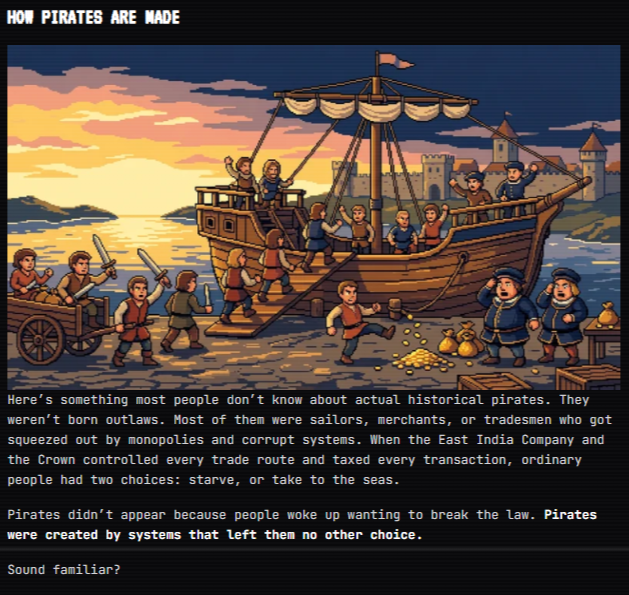 How Pirates Are Made - pixel art scene of historical pirates