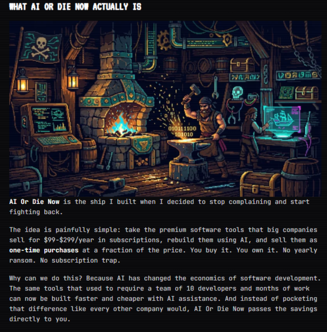 AI Or Die Now - what it actually is, showing the pirate blacksmith forge