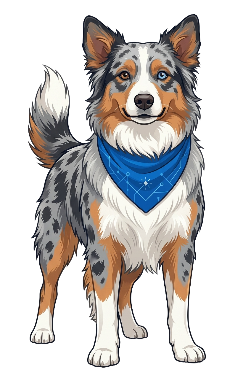 Ollie, our illustrated Australian Shepherd mascot - the guide dog