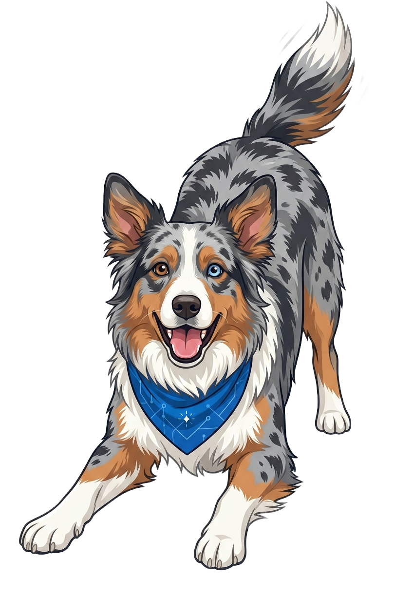 Ollie in a play-bow pose, inviting you to chat