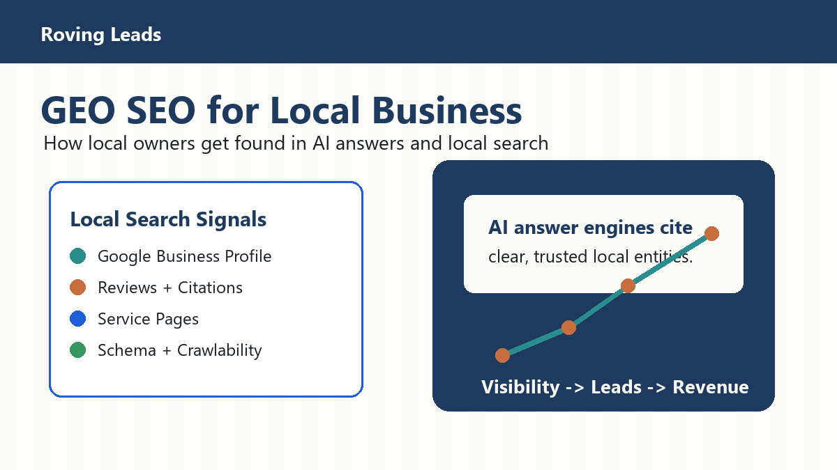 Featured image for GEO SEO for local business showing local search signals, AI answer visibility, and revenue growth